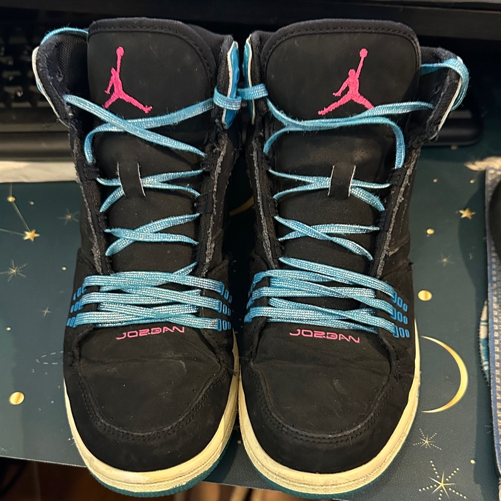 Jordan Black Sneakers with Blue and Pink Accents used condition, size Y6.5